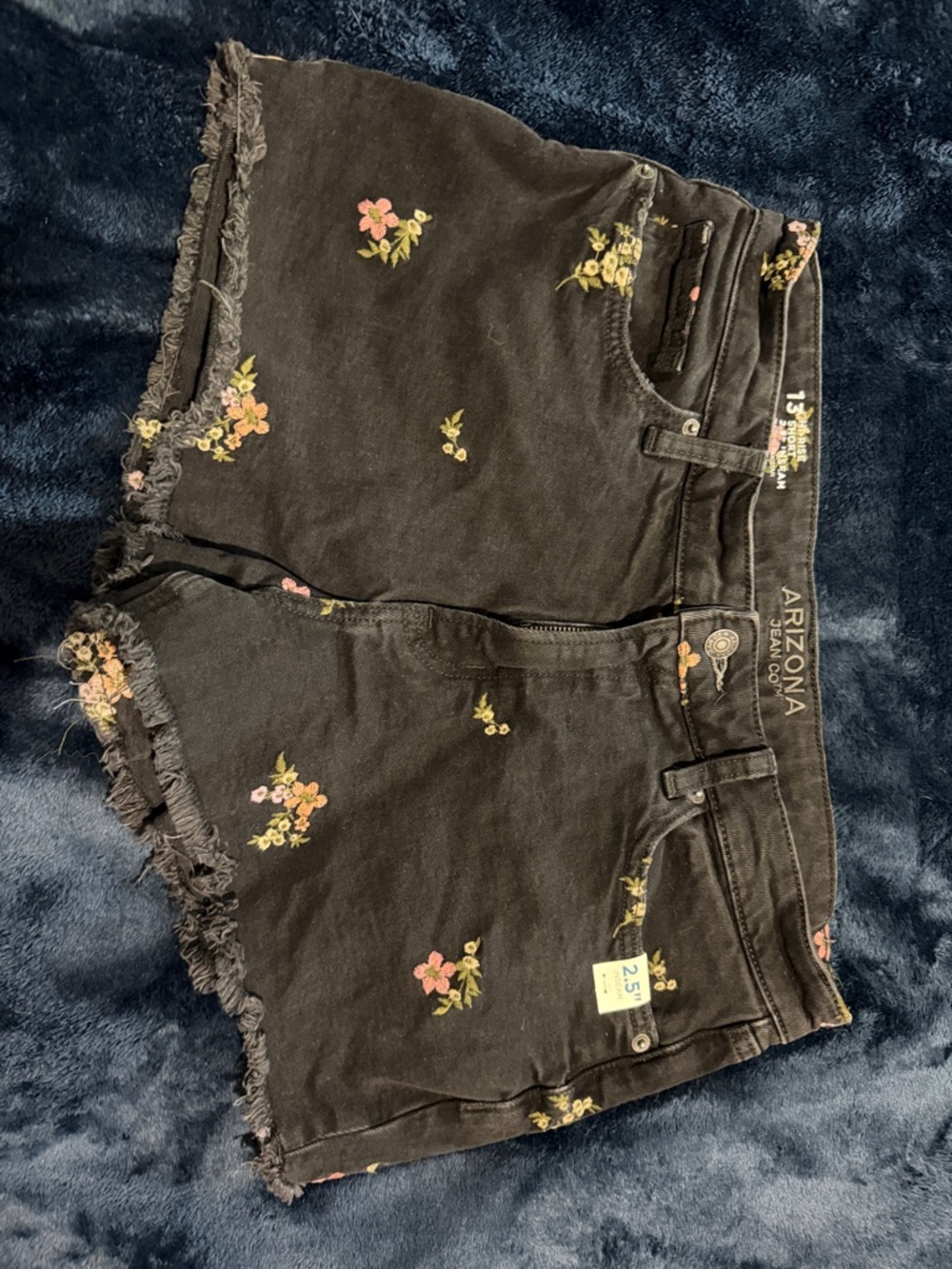 Arizona Jean Company Black Denim Shorts with Pink & Yellow Floral Embroidery